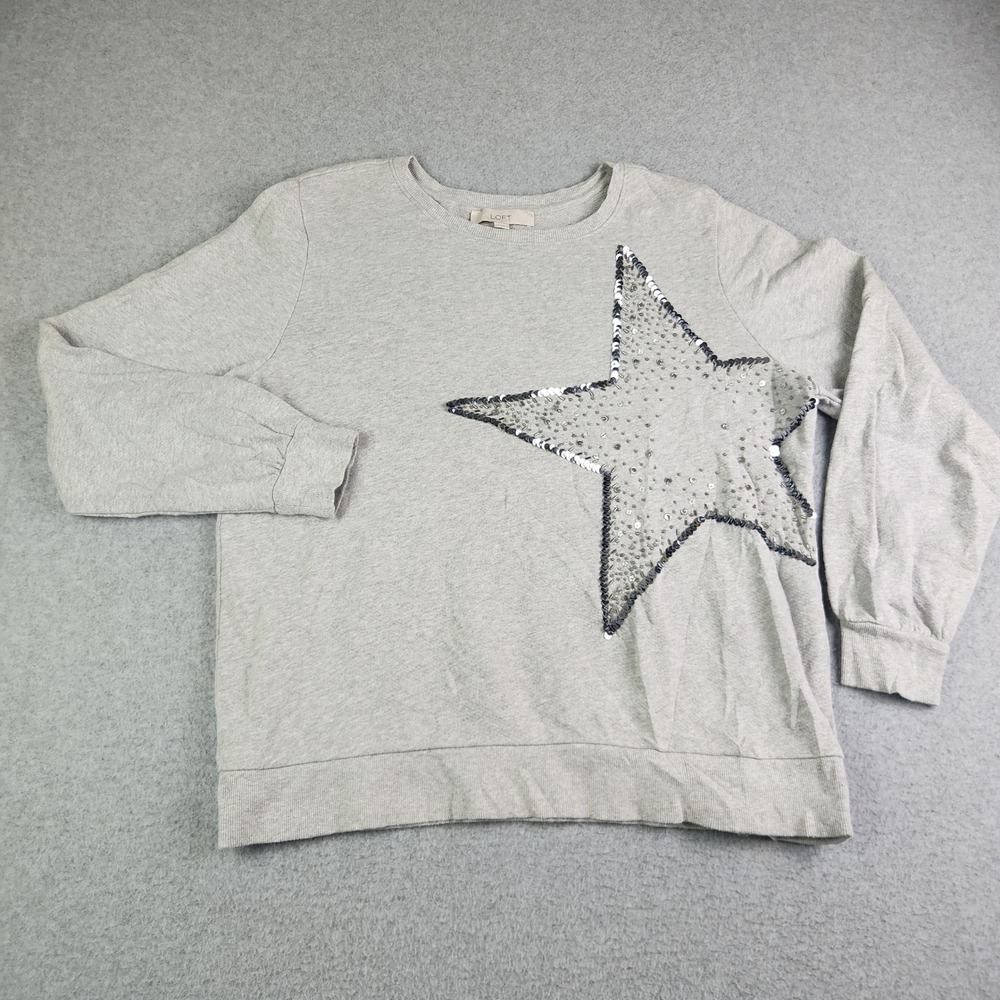 LOFT Sweatshirt Womens L Gray Sequin Beaded Star Long Sleeve Crew Neck‎ Pullover